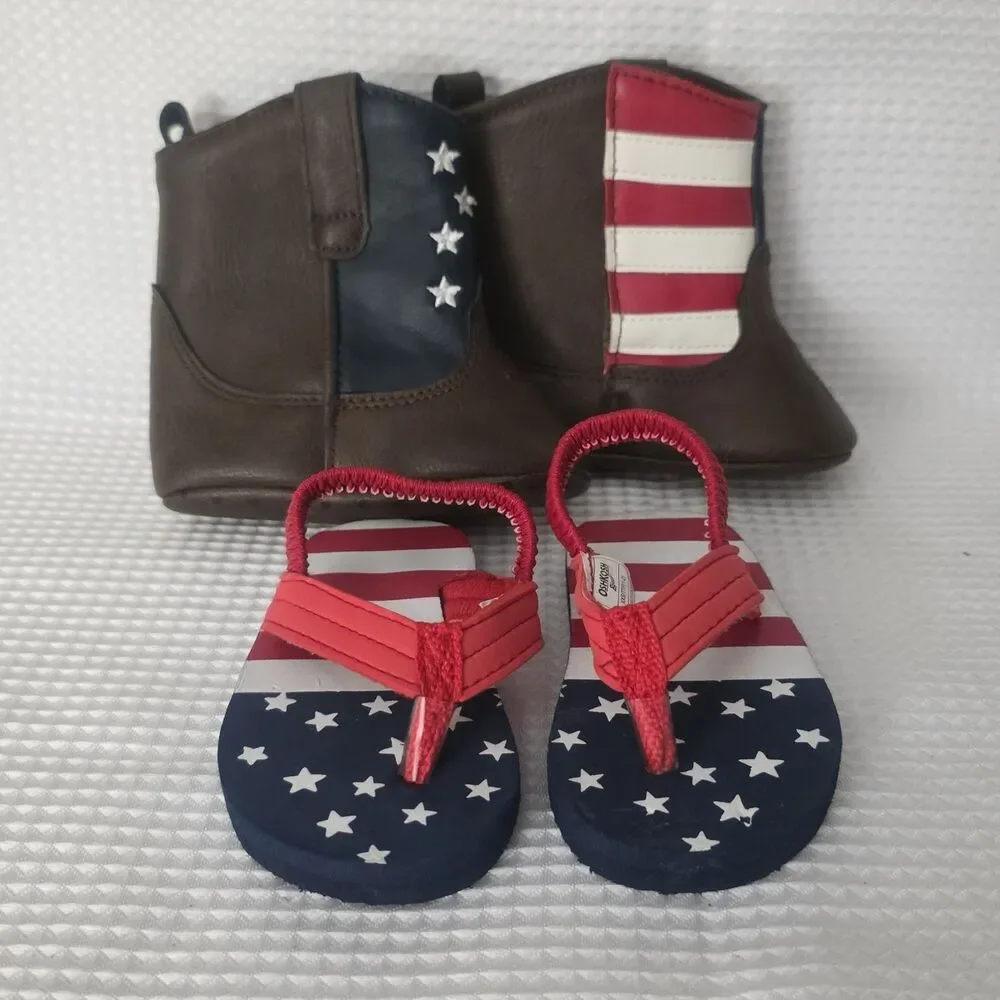 Rising Star Brown Faux Leather Stars & Stripes Flag Boots Booties 6-9m + Sandals
